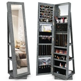Armario Joyero Giratorio a 360° con Espejo Entero Organizador Joyas con Espejo para Maquillarse 39 x 39 x 161 cm Gris Oscuro