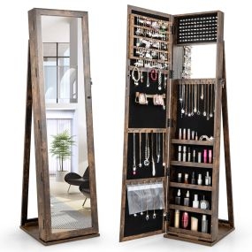 Armario para Joyas con Espejo Joyero de Pie Armario de Joyería Giratorio con Cerradura 91 Ranuras para Anillos 38 x 38 x 157,5 cm Marrón