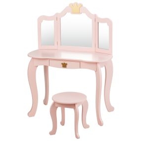 Tocador y silla para niñas con cajón y espejo rosa 80 x 42 x 106 cm