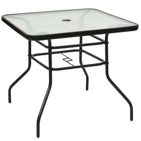 Mesa Auxiliar con Tablero de Vidrio para Patio Mesita Baja de Té con Hoyo para Sombrilla en Metal para Jardín Balcón 81 x 81 x 71 cm Negro