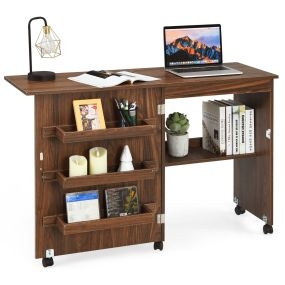 Mesa plegable para coser con repisas y ruedas marrón oscuro 117 x 40 x 77 cm