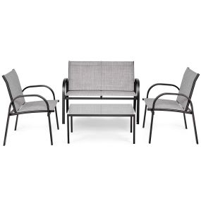 Juego de Mesita y Sillón y Banco Muebles de Patio Mesa de Centro Mesita de Jardín de Hierro y Tela de Malla para Terraza Exterior Gris
