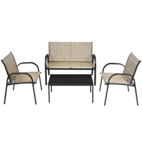 Juego de Mesita y Sillón y Banco Muebles de Patio Mesa de Centro Mesita de Jardín de Hierro y Tela de Malla para Terraza Exterior Marrón