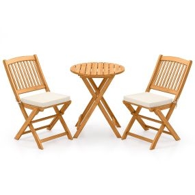 Conjunto de Bistro de Patio Plegable Mesa y Sillas de Madera con Cojines Suaves para Terraza Jardín Crema