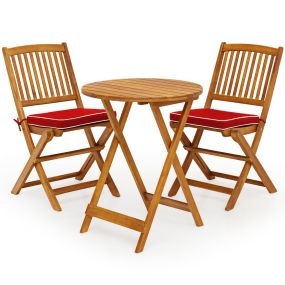 Set 5 Piezas Muebles de Madera de Bistró 2 Sillas con Cojín Mesa Madera de Acacia Plegables de Exterior para Terraza Patio Piscina Rojo