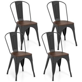 4 Sillas de Metal Apilables con Respaldo y Asiento de Madera para Casa Cocina Bar Negro 52 x 42 x 84 cm