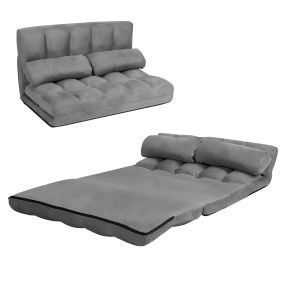 Sofá de suelo regulable plegable 6 posiciones con revestimiento removible en ante gris con 2 cojines