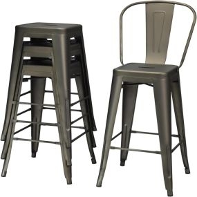 Juego de 4 Taburetes de Bar de Metal con Reposapiés Respaldo Desmontable Sillas de Comeder Aplilables para Cocina 43 x 43 x 116 cm Bronce