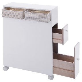 Armario Estrecho para Baño con Ruedas Organizador con Cajones Extraíbles Cestas de Mimbre y Porta Escobilla Blanco