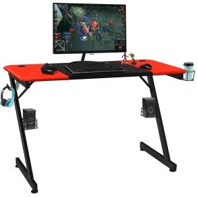 Escritorio gaming en fibra de carbono forma Z negro y rojo 120 x 60 x 76 cm