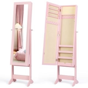 Armario de joyas con espejo integrado terciopelo beige interior antipolvo 35 x 30 x 144 cm rosa