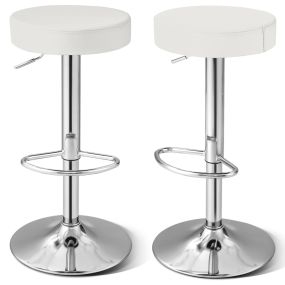 2 taburetes de bar sin respaldo de PU artificial, asiento giratorio acolchado, reposapiés y base antideslizante blanco