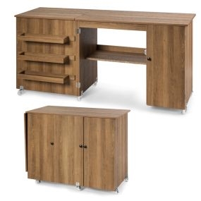 Mesa plegable de costura y escritorio abatible con ruedas bloqueables y armario marrón 158 x 50 x 75 cm