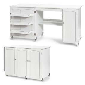 Mesa plegable de costura y escritorio abatible con ruedas bloqueables y armario blanco 158 x 50 x 75 cm