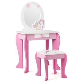 Tocador para niñas con taburete, espejo desmontable y cajón, blanco y rosa, 49,5 x 35,5 x 89 cm