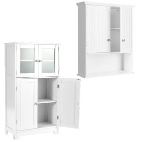 Set de Armarios para Baño Armario de Pared Suspendido y Armario de Suelo con 4 Puertas de Cristal y Estantes Ajustables