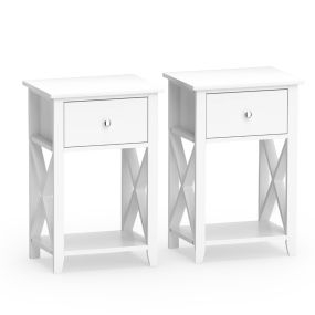Juego de 2 Mesitas de Noche con Cajón Estante de Almacenamiento Abierto Pomo Mueble Auxiliar Moderno para Dormitorio Salón Blanco