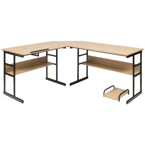 Escritorio de esquina moderno en forma de L con mesa de dibujo inclinable, estante inferior y marco de metal natural