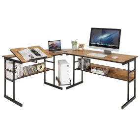 Escritorio de esquina moderno en L con mesa de dibujo inclinable, estante inferior y marco de metal marrón claro