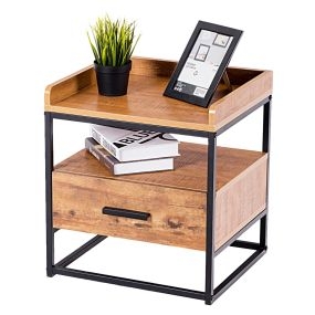 Mesa Auxiliar Mesa Lateral para Sofá Café con 2 Niveles 1 Cajón Mesita de Noche de Estilo Industrial para Salón Habitación Oficina
