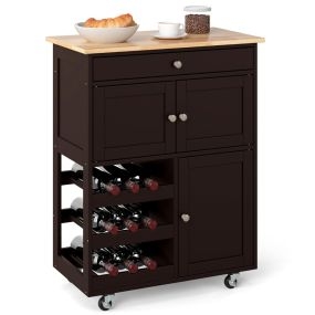 Carro de Cocina Isla de Cocina con Superficie de Madera de Goma Cajón Botellero con 3 Niveles 2 Armarios Marrón