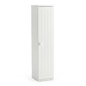 Mueble de baño estrecho blanco con orificio para papel higiénico, puerta, pomo y estantes extraíbles