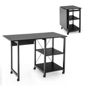 Escritorio plegable para ordenador con 2 repisas y ruedas 107,5 x 54 x 77 cm negro