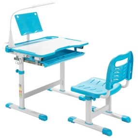 Set Escritorio y Silla para Niños Set Mesa Silla para Estudiar con Altura Regulable Luz LED Superficie Inclinada Cajón Extraíble en Casa Azul