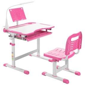 Set Escritorio y Silla para Niños Set Mesa Silla para Estudiar con Altura Regulable Luz LED Superficie Inclinada Cajón Extraíble en Casa Rosa