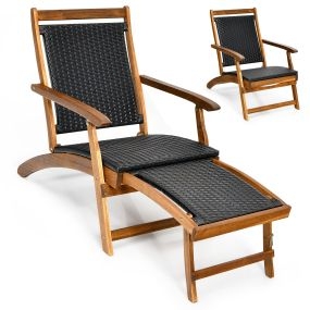 Tumbona plegable 2 en 1 de ratán PE y madera de acacia con reposapiés retráctil para patio jardín piscina