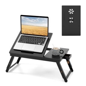 Mesa bandeja de bambú portátil con patas ajustables y tablero inclinable 53 x 33 x 20-26,5 cm marrón