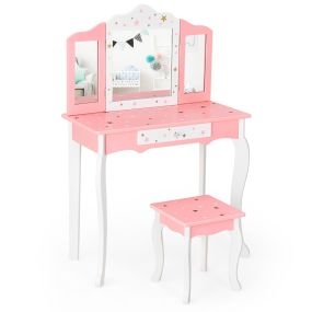 Set mesa tocador y taburete para niños con espejo tripartido desmontable y cajón rosa