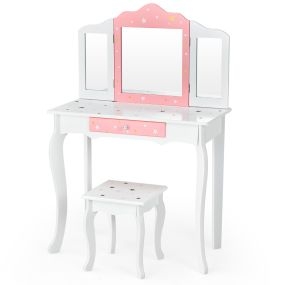 Set mesa tocador y taburete para niños con espejo tripartido desmontable, cajón blanco y rosa