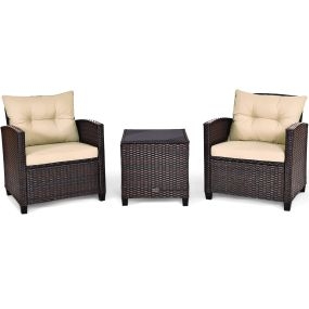 Set 3 piezas muebles de patio en ratán exterior con cojín lavable marrón 67 x 67 x 76 cm