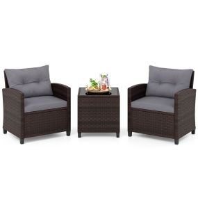 Conjunto Bistró Exterior 3 Piezas Ratán y Mesa Cristal Templado con Cojines para Balcón Porche Jardín Gris