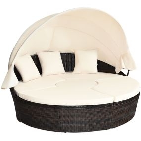 Cama de día redonda de exterior con dosel retráctil, mimbre ratán, asientos separados y mesa de café