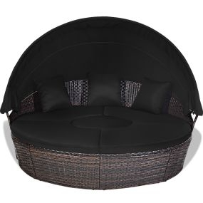 Cama de día redonda de exterior con dosel retráctil, mimbre ratán, cojines, mesa de café, negro