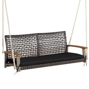 Columpio de Mimbre de 2 Asientos para Porche con Cojín de Asiento Reposabrazos de Madera de Acacia 2 Cuerdas 131 x 68 x 54 cm Negro