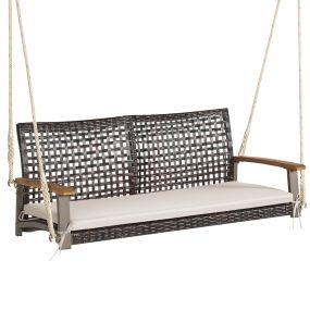 Columpio de Mimbre de 2 Asientos para Porche con Cojín de Asiento Reposabrazos de Madera de Acacia 2 Cuerdas 131 x 68 x 54 cm Blanco