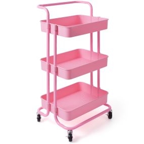 Carrito Auxiliar de Almacenamiento con 4 Ruedas Universales Carga 60kg Carro de Cocina 3 Cestas de ABS Antioxidante 42 x 35,5 x 86 cm Rosa