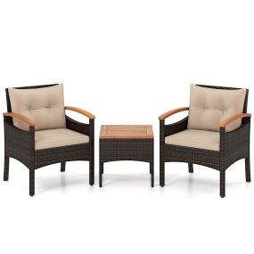 Juego de Bistró para Patio de 3 Piezas Sillas Mimbre Marrón Mixto con Brazos Mesa Auxiliar Tablero Madera Acacia Cojines Caqui