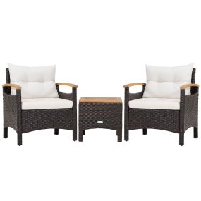 Conjunto de 3 Piezas de Muebles de Patio con Mesa de Café Cojín Desmontable Apoyabrazos de Madera de Acacia para Patio Piscina Blanco