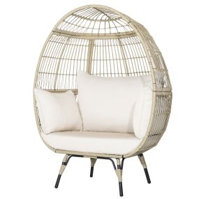 Silla Huevo de Mimbre de Exterior 205 kg de Capacidad de Peso con 4 Cojines Robusta Estructura de Metal para Terraza Patio Salón 110 x 82 x 145 cm