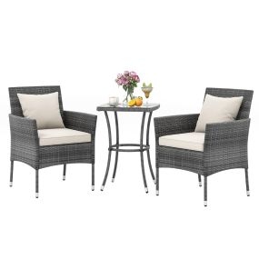 Juego de Jardín 3 Piezas Conjunto Exterior Rattán PE Sillas con Cojines y Mesa de Café Vidrio Templado para Balcón Jardín Césped Patio Beige