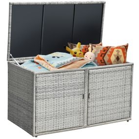 Caja de Almacenamiento de Ratán para Patio 335L Contenedor de Mimbre de Exterior Cubierta 2 Estantes 115 x 60 x 65 cm Gris
