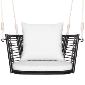 Columpio de Metal para 1 Persona con Respaldo de Ratán Tejido 2 Cuerdas para Colgar Cojines de Asiento Respaldo para Porche Patio-Blanco