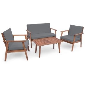 Conjunto de Muebles de Jardín de 4 Piezas en Madera de Acacia con 1 Mesa de Centro 2 Sillas 1 Sofá para Patio Terraza Balcón Gris
