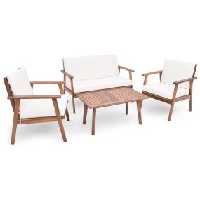 Conjunto de Sala 4 Piezas 2 Sillas Simples 1 Sofá de Dos Plazas y 1 Mesa de Centro Reposabrazos y Asiento Acolchado Blanco