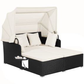 Cama Doble de Día de Ratán para Patio Tumbona con Cojines Dos Paneles Laterales Plegables para Jardín Patio Porche Blanco