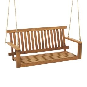 Columpio de madera de acacia de 2 asientos con cuerdas de cáñamo y respaldo de listones para porche carga 360 kg